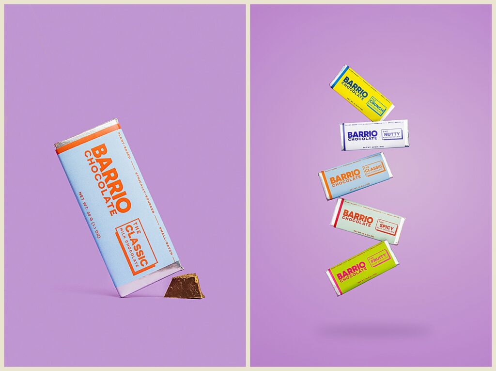 Product photography of chocolate bar in Greenville, South Carolina with purple background