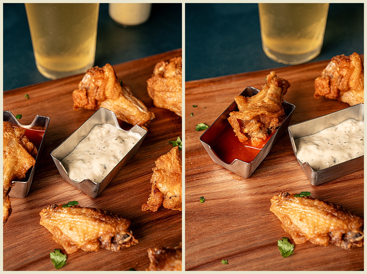 Product photographer in Greenville, SC featuring chicken wings in sauce caddy