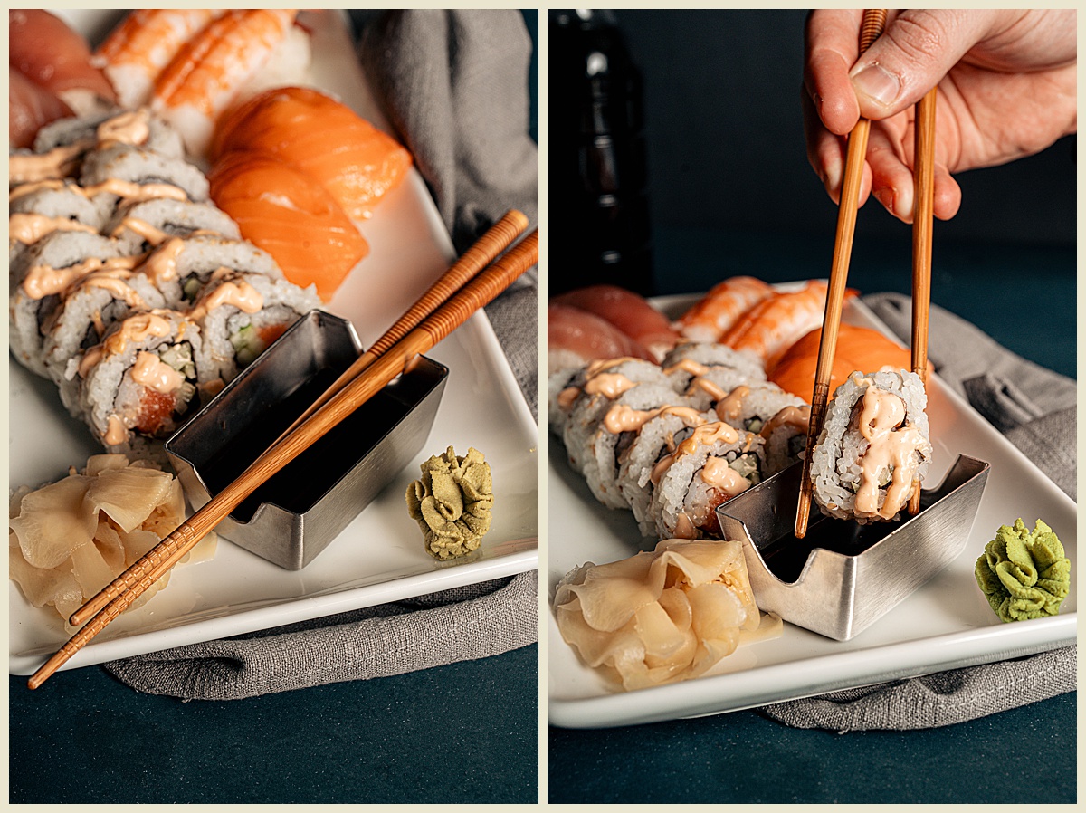 Commercial photography in Greenville, SC featuring sushi being dipped into Sauce Box sauce caddy