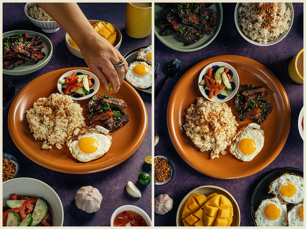 Filipino Breakfast with Rice, Pork, Eggs, Mango, and Cucumber in Commercial Food Photography in Columbia, South Carolina