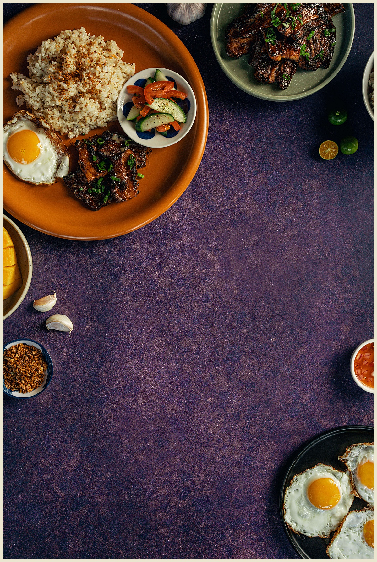 Filipino Breakfast with Rice, Pork, Eggs, Mango, and Cucumber in Commercial Food Photography in Columbia, South Carolina