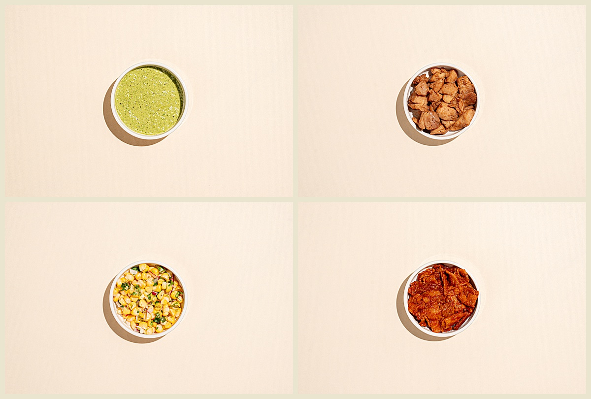 Toppings and sauces captured in Columbia, South Carolina food product photography on an ivory backdrop