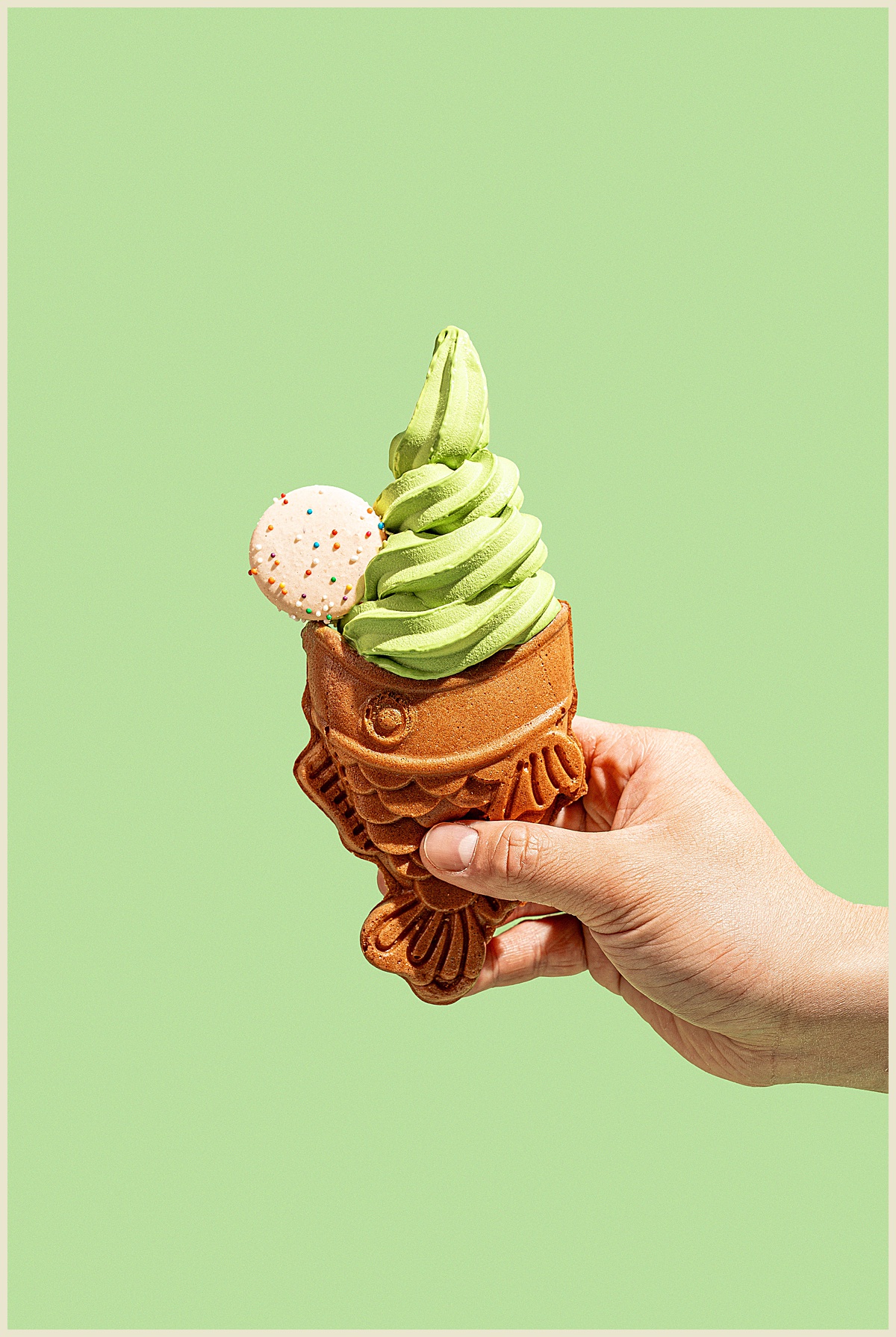 Matcha soft serve product food photography in Columbia, SC on a light green background.