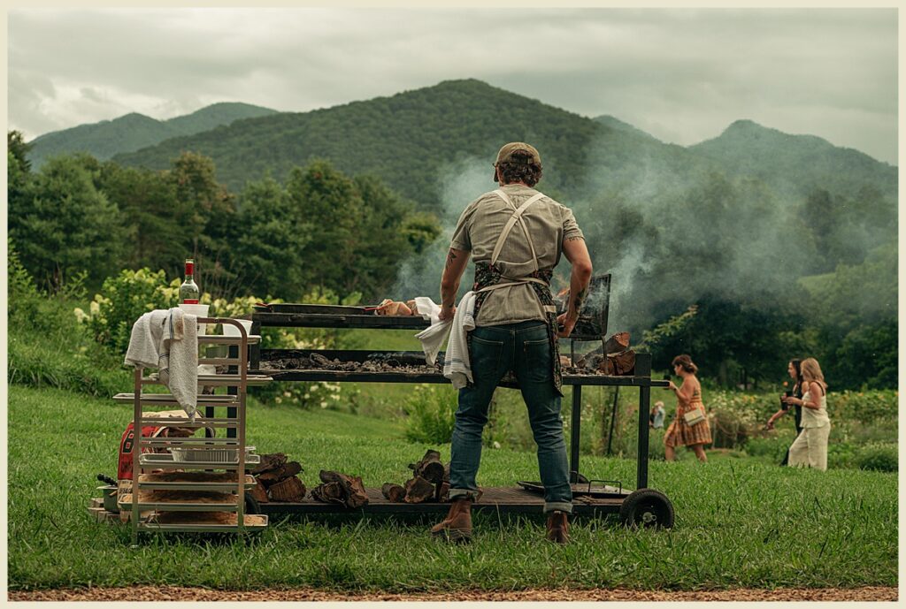 Food and Travel Photographer featuring a chef cooking meals at a flower farm below the Mountains.
