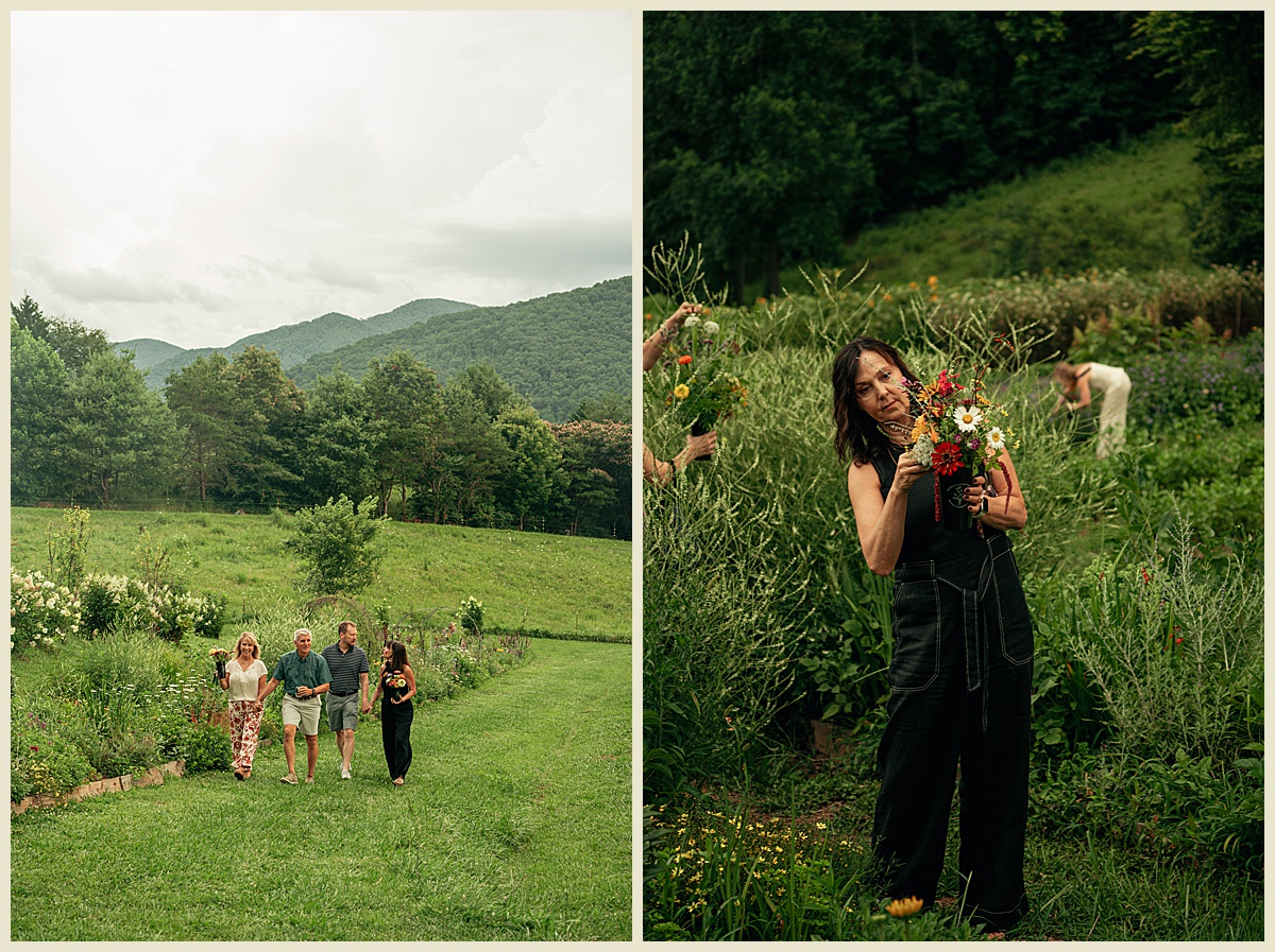 Asheville, North Carolina photography featuring people picking flowers below the mountains.