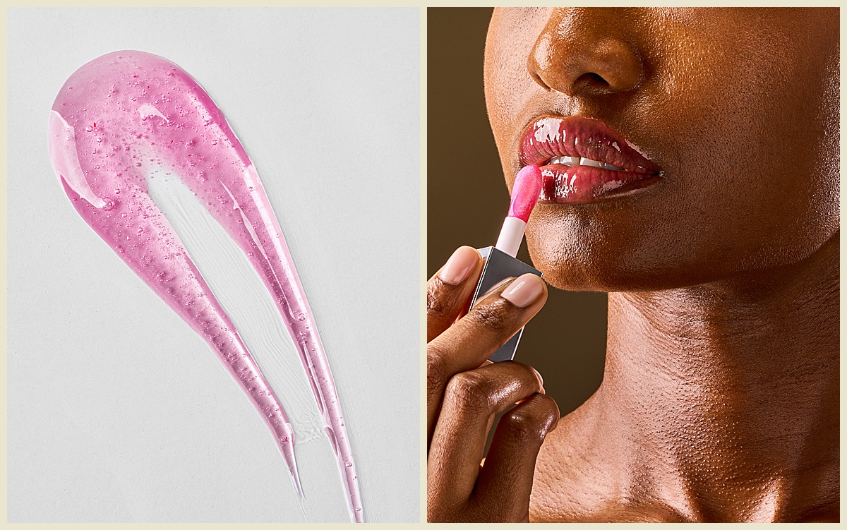 Lip oil e commerce photography in Columbus, Ohio featuring a model applying lip oil on her lips and a color swatch of the lip oil.